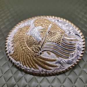 Crumrine Silver Electoplate On Broonze Eagle Flag Oval Belt Buckle